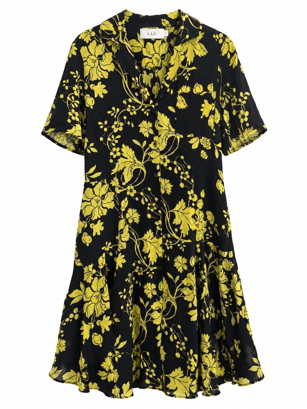 A.L.C. 100% Silk Yellow Floral Short-Sleeve Dress- Size 8